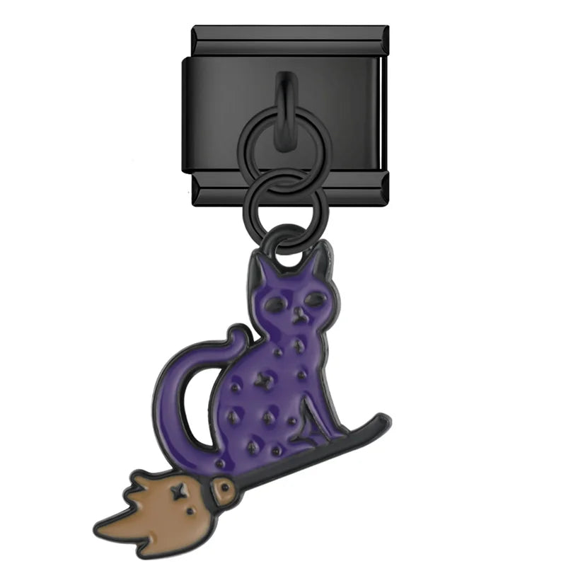 Purple cat on broomstick